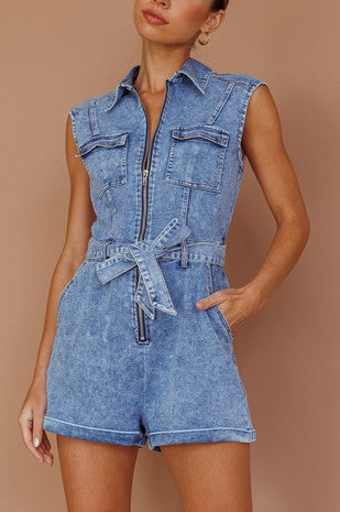 Belted Denim Romper